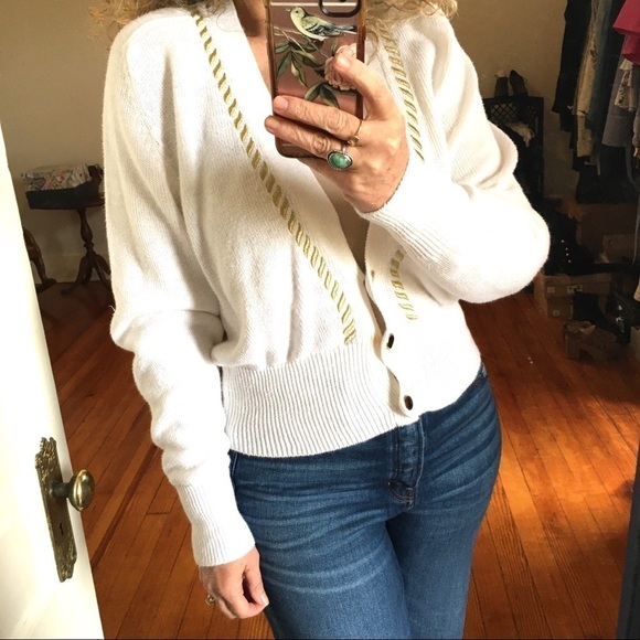 Vintage Sweaters - Vintage White Gold Metallic Embroidery Cardigan Sweater